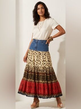 Vintage Y2K Boho Patchwork Maxi Skirt Womens Size Medium Animal Print Festival